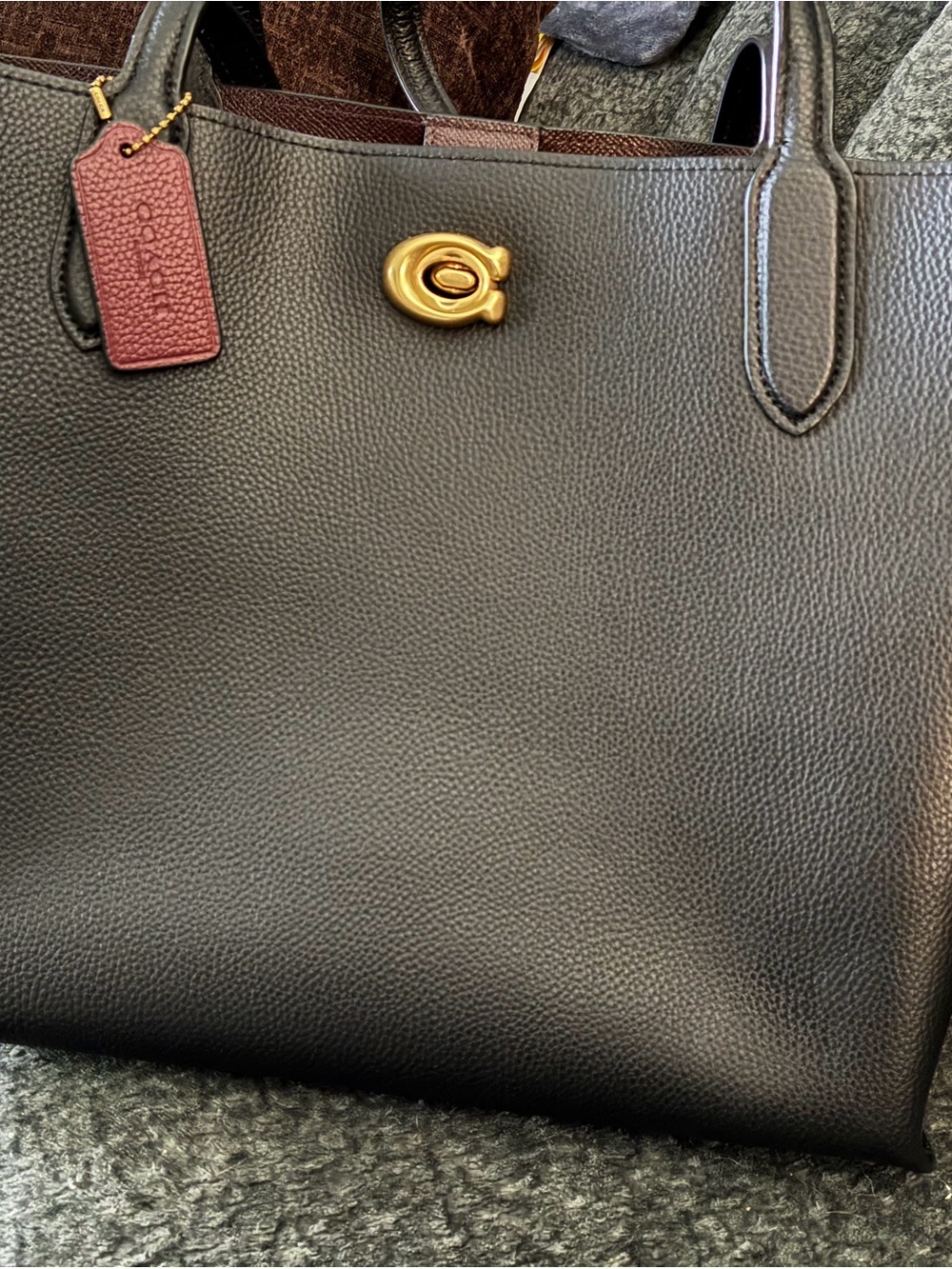Coach Black Pebbled Leather Messenger with Burgundy Tag and Gold Hardware